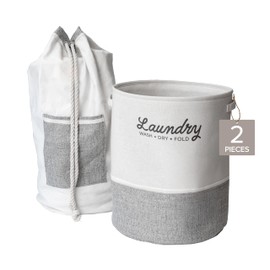 RGI Home 2-Piece Laundry Bag and Basket Set with Easy-Carry Handles, Heavy Duty Canvas and EVA, Durable and Stylish for Laundry Storage, Cream with Light Gray and White Accents