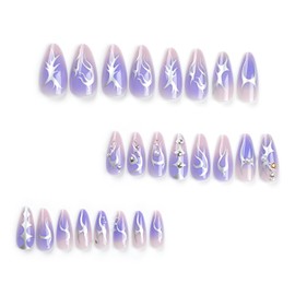 24 Pcs Purple Press on Nails Medium CEWEWP Almond Fake Nails Pearl Silver Flames Designs False Nails Glossy Nails Acrylic Nails Full Cover Stick on Nails Cute Nails for Women Girl Art