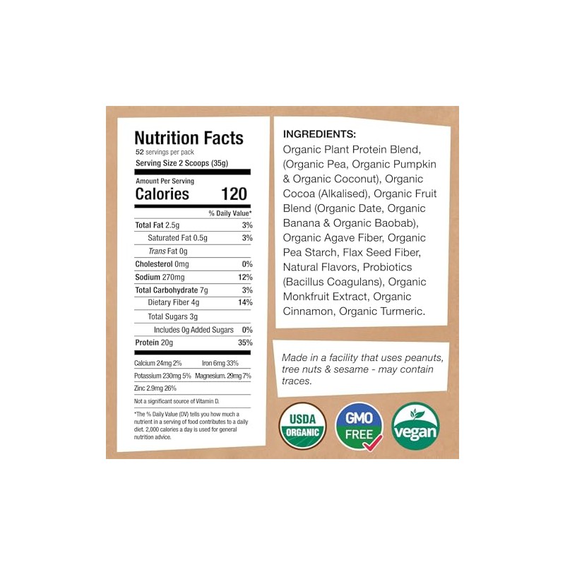 EarthChimp Organic Vegan Protein Powder - 52 Servings, 64 Oz