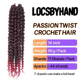 LOCSBYHAND 14 Inch Short Pre-looped/twisted Passion Twist Crochet Hair 4 Packs for Mixed-color Using (4 Packs, T118(Ombre Burgundy)