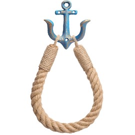 Nautical Rope Toilet Paper Holder Wall-Mounted Towel Ring Nautical Toilet Paper Holder with Metal Hooks Coastal Towel Rack Natural Antique Rope(Blue)