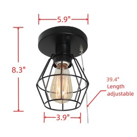 Baiwaiz Black Metal Wire Cage Ceiling Light with Pull Chain, 1-Light Modern Industrial Semi Flush Mount Light Small Pull String Entryway Porch Ceiling Light Fixture Edison E26 161