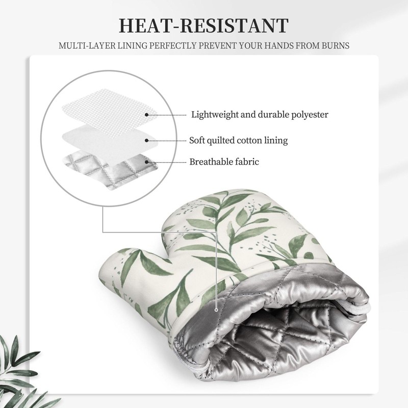Silicone Oven Mitts and Pot Holders Sets, Home Green Leaf