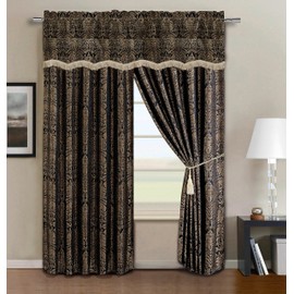 Sterling Creek Valencia 4-Piece Black Gold Floral Jacquard Window Curtain Set with Attached Valance Sheer Backing, 108" x 84"