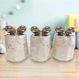 JAYOGLA Marble Effect Kitchen Storage Canisters, Tea Coffee Sugar Containers Set, White with Bow Lids, 3-Piece