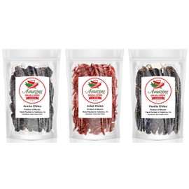 Dried Chili Peppers Variety Pack 5oz Each - Ancho, Arbol & Pasilla Chiles – Staple for Mexican Recipes - Moles, Salsa, Sauces, Stews, Tamales. By Amazing Chiles and Spices.