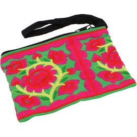 GURU SHOP Purse/Cosmetic Bag with Folklore Embroidery - Black/Pink, Men/Women, Synthetic, 11 x 15 x 3 cm, Small Bags for Cosmetics, Stationery, More, green/pink, Casual