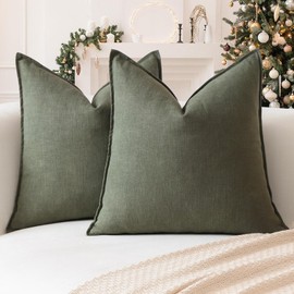 Sungeek Set of 2 Soft Linen Decorative Cushion Covers 40cm x 40cm Solid Farmhouse Throw Pillow Covers Boho Accent Cushion Cases for Sofa Couch Chair Bedroom Home Decor Pillowcases, Olive Green