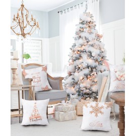 KUNQIAN Christmas Cushion Covers Xmas Christmas Decorations Throw Pillow Cover Pink White Snowflake Set of 4 Christmas Decor For Sofa Living Room Home 18x18 Inch 45x45cm