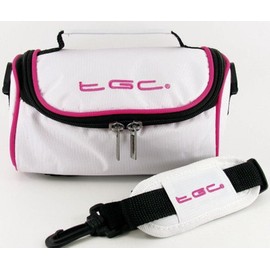 Canon PowerShot ELPH 180 Camera Case Bag by TGC ® with shoulder strap and Carry Handle (Cool White With Hot Pink Trims)