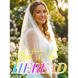 HEREAD Pearl Bride Wedding Veil Short Elbow Length 2 Tier Bridal Tulle Veils with Comb for Women (White)