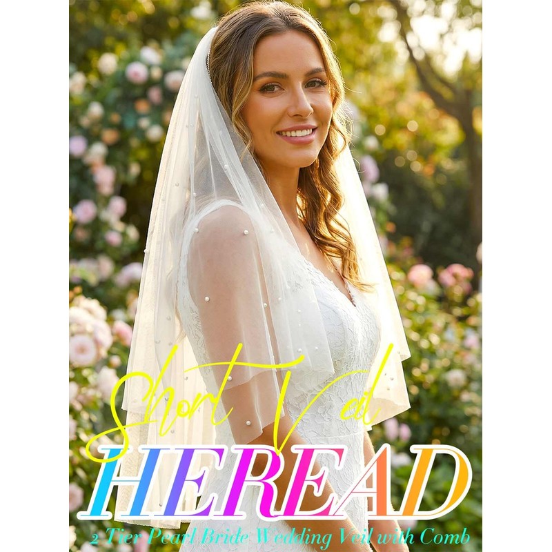 HEREAD Pearl Bride Wedding Veil Short Elbow Length 2 Tier