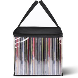 Facmogu Vinyl Record Storage Bag, 12" PVC Clear LP Vinyl Record Storage Bag Holds up to 50 Albums, Album Carrying Case Bag with Handle, Protective CD LP Records Holder for Travel, Organizer