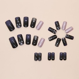 Coffin Press on Nails Medium Fake Nails with Glitter Designs Black Nails Press ons Acrylic False Nails Full Cover Stick on Nails Glue on Nails for Women 24 pcs