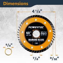 POWERTEC 4-1/2" Turbo Diamond Saw Blade for Angle Grinder, Diamond Blade for Cutting Concrete, Granite, Brick, Paver, Roofing Tile, 4.5 inch Diamond Blades for Wet/Dry Cutting, 1 Pack (14005)