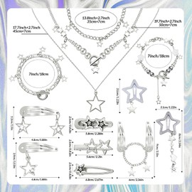 Quelay - Juego de 13 accesorios Y2K para Grunge, accesorios de joyería incluidos, collar en capas, pulsera Y2K, pinzas para el pelo, diseño de estrella plateada, conjunto de joyas clásico para mujer