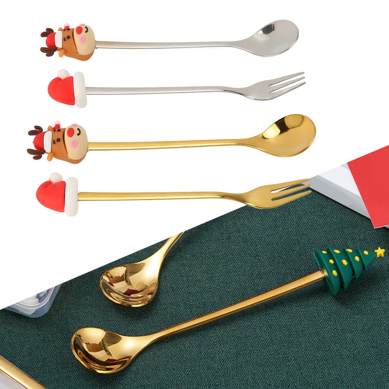 4Pcs Christmas Spoons and Forks Set Stainless Steel Cartoon Funny