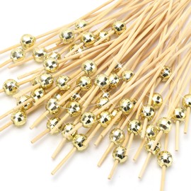 SEANSDA Disco Ball Cocktail Picks, Decorative Toothpicks for Appetizers, 4.7 Inch Long Fancy Bamboo Skewers, Gold Wooden Cocktail Sticks for Drinks Food Disco Theme for Party Supplies 100PCS