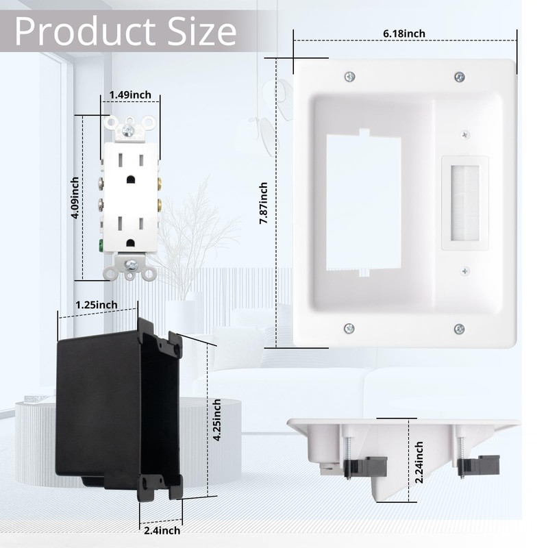 HXH In-Wall Cable Concealer Kit with Recessed Outlet Box, White