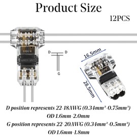 12Pcs Black/Transparent 2 Pin T-connector Pin Terminal Wire Connectors, 20-22 AWG, Copper, Plastic, -30°C ~ +85°C