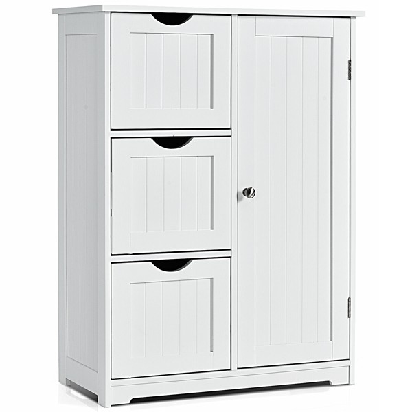 Bathroom Floor Cabinet Side Storage Cabinet with 3 Drawers and 1 Cupboard White