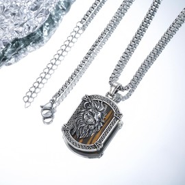 CRWENG Necklace with Lion Pendant for Men 925 Sterling Silver Lion of Juda Gothic Punk Rock Necklace with Pendant for Men Fashion Jewellery Gift for Boys, Sterling Silver, Tiger's eye rock