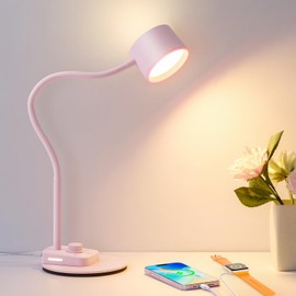 LiFMIRA Cute Desk Lamp with USB C + A Charging Port, 5 Colors Dimmable Reading Lamps, Minimalist Pink Lamp for Kids, Eye Care Metal Bedside Table Lamp with Timer Flexible Desk Light for Home Office