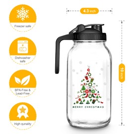 Mason Jar Pitcher, 64 OZ Glass Pitcher with Lid Double Leak-proof with Handle Water Jug Wide Mouth Breast Milk Pitcher Fridge Container for Water, Juice, Iced Coffee, Tea, Juice （Christmas tree）