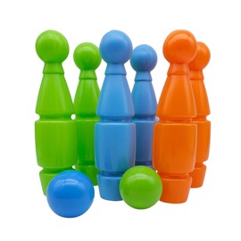 alldoro 60045 Skittles Game for Children, 8 Pieces - Plastic - 6 Cones Each 25 cm Pins Height, Colourful, with 2 Balls and Carrying Aid