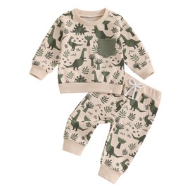 Bufarromio Baby Boy Dinosaur Print 2 Piece Clothes Set Causal Long Sleeves Round Neck Sweatshirt Drawstring Trouser Set For Toddler Boy (Khaki, 2-3T)