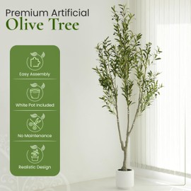 Artificial Olive Tree 7FT with Lifelike Leaves, Fruits & Natural Wood Trunk – Faux Olive Tree for Indoor Home Decor & Office Decor, Includes White, Tall Planter, Gift