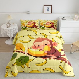 Feelyou Kids Monkey Comforter Cute Cartoon Zoo Animal Comforter Set Lovely Little Monkey Bedding Set for Boys Girls Children Bedroom Decor Nature Banana Duvet Set Queen Size with 2 Pillow Case