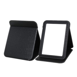 Ximruyuv Black Foldable Desk Mirror, 6.5×8.9” Adjustable Angle Rounded Rectangle PU Edge Covering Travel Mirror with Stand (LBlack)