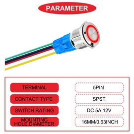 MKBKLLJY 2Pcs 16mm Silvery Self-Locking Push Button Switch DC 12V 5A On Off Stainless Steel Waterproof Red/Green LED Angel Ring Head for 0.63" Mounting Hole with Wire Socket Plug Wiring Cap for Car RV