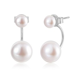 EAMTI Pearl Earrings for Women 925 Sterling Silver Double Freshwater Pearl Stud Drop Earrings Front Back Earring Jackets