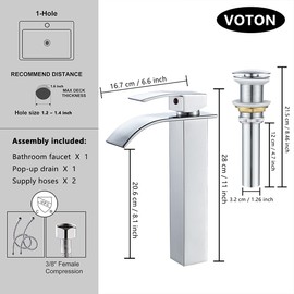VOTON Bathroom Vessel Faucet Chrome Faucet for Bathroom Sink Tall Waterfall Bathroom Faucet Single Handle One Hole Vanity Sink Faucet with Pop-up Drain