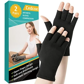 Cedcoe 2 Pairs Arthritis Gloves Fingerless Compression Gloves for Relieve Rheumatoid Arthritis, Osteoarthritis, Carpal Tunnel, Joint Pain for Women and Men to Daily Work (Black, Large)