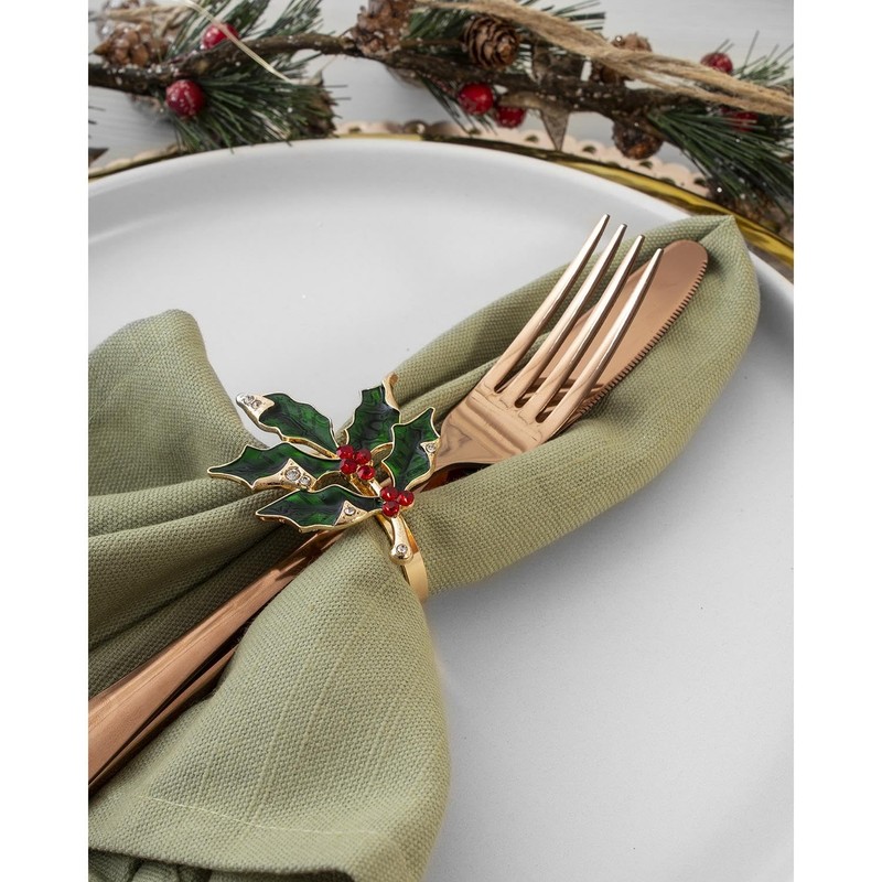 YöL Set Of 6 Deluxe Holly Gem Napkin Rings Christmas