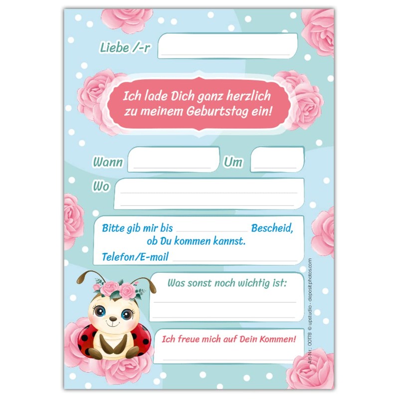Junapack 12 Invitation Cards with 12 Envelopes for 3rd Children's