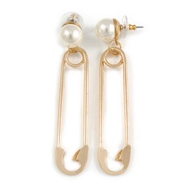 Large Gold Tone Safety Pin with Faux Cream Pearl Drop Earrings/ 80mm L