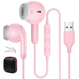 AIAUXA USB Headset for PC Laptop, Wired USB Headphones with Microphone for Computer, In Ear Earphones Stereo Noise Cancelling Business Office Headsets for HP Dell Laptops Zoom for Surface Switch,Pink