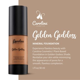 Carolina Cosmetics - Foundation in Golden Goddess Shade Plant-Based - Hydrating, Pore-Minimizing & Buildable Coverage - Vegan, Non-GMO - 1fl oz