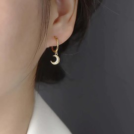 Dainty Moon Hoop Earrings with Dangle for Women, 18K Gold Plated 925 Sterling Silver Small Huggie Earring with Drop Charm for Everyday