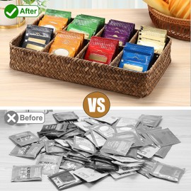 SUMTree Tea Bag Organiser Box Storage Box with 8 Compartments Braided Seagrass Storage Basket 34.5 x 20 x 6 cm Coffee Colour Tea Bag Shelves for Coffee Bags, Spice Bags for Office, Dining Room