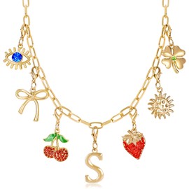 Initial Charm Necklace for Women, Evil Eye Four-Leaf Clover Sun Bow Cherry Strawberry Removable Charms Necklace Paper Clip Chain Choker, Trendy Jewelry Birthday Christmas Gifts for Her (Letter S )