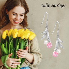 Tulip Earrings S925 Sterling Silver Tulip Dangle Drop Earrings Tulip Flower Jewlry Gifts for Women