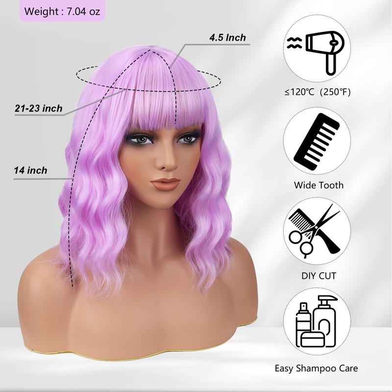 Short Bob Wavy Wig with Bangs, Shoulder‑Length Wigs for Women,Purple