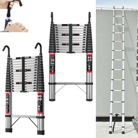 Telescopic Aluminum Ladder, 6.2M/20.3FT Telescopic Extension Ladder with Detachable Hooks, Anti-Slip Multi Purpose Extendable Loft Ladder Portable Folding Ladder, 15 Step, Max Load 150kg, EN131