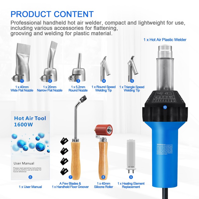 Hot Air Plastic Welder 1600W Plastic Welding Roofing Kit 110V,
