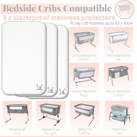 Next to Me Crib Waterproof Mattress Protectors Covers - 3 Pcs SET - 100% Natural Cotton - Extra Soft & Breathable to fit bedside cribs mattresses up to 83 x 50cm - Made in Europe